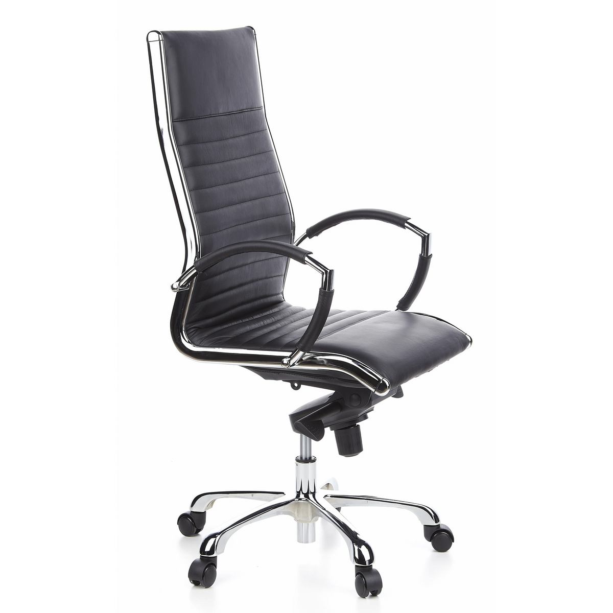 Poltrona professionale PARMA 20 nera con rivestimento in pelle trapuntata e base a cinque ruote di hjh OFFICE – vista a 360° (vista frontale a tre quarti 60°)