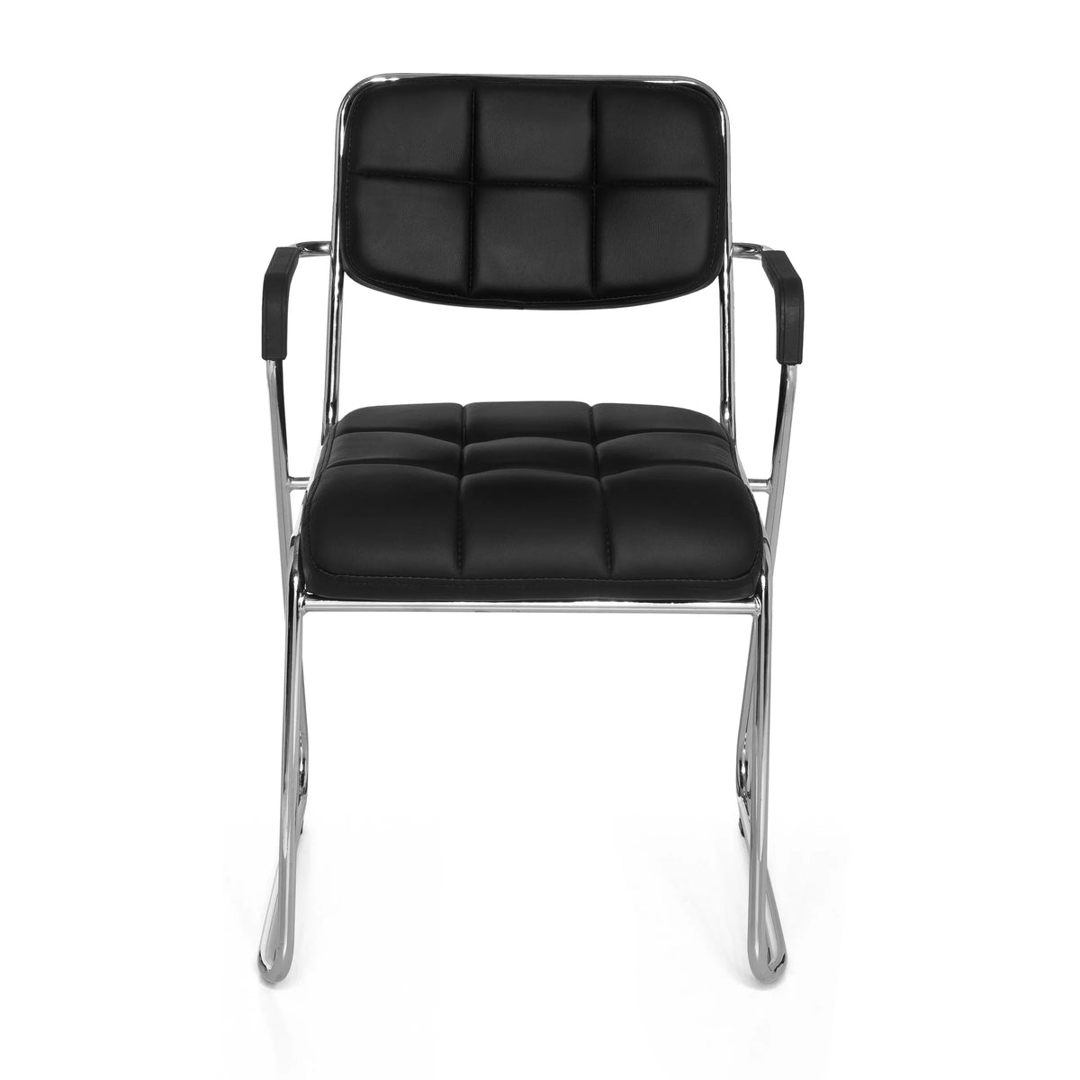 Sedia visitatore nera ZANTA con impunture quadrate e struttura cromata di hjh OFFICE – vista a 360° (vista frontale 0°)