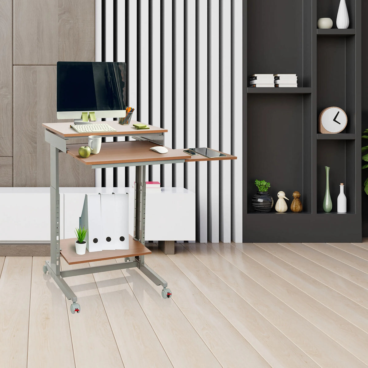 Scrivania in piedi WORKSTATION in faggio e grigio con tre livelli e ruote di hjh OFFICE