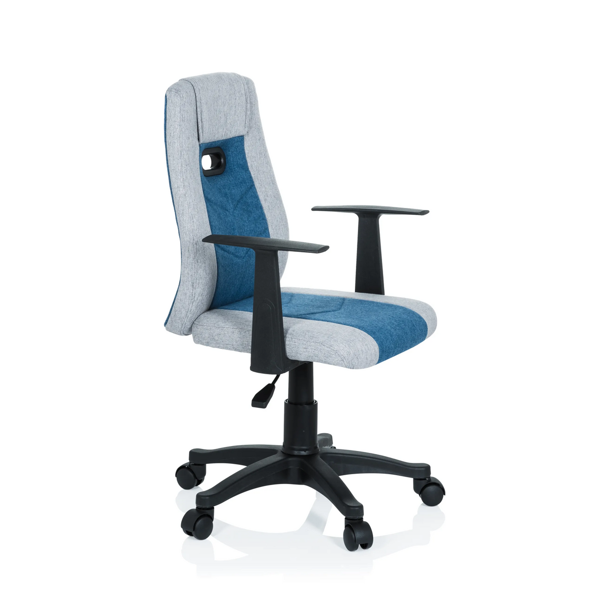 Sedia girevole per bambini KIDDY EXTRA grigio-blu con braccioli e base a cinque ruote di hjh OFFICE – vista a 360° (vista frontale a tre quarti 60°)