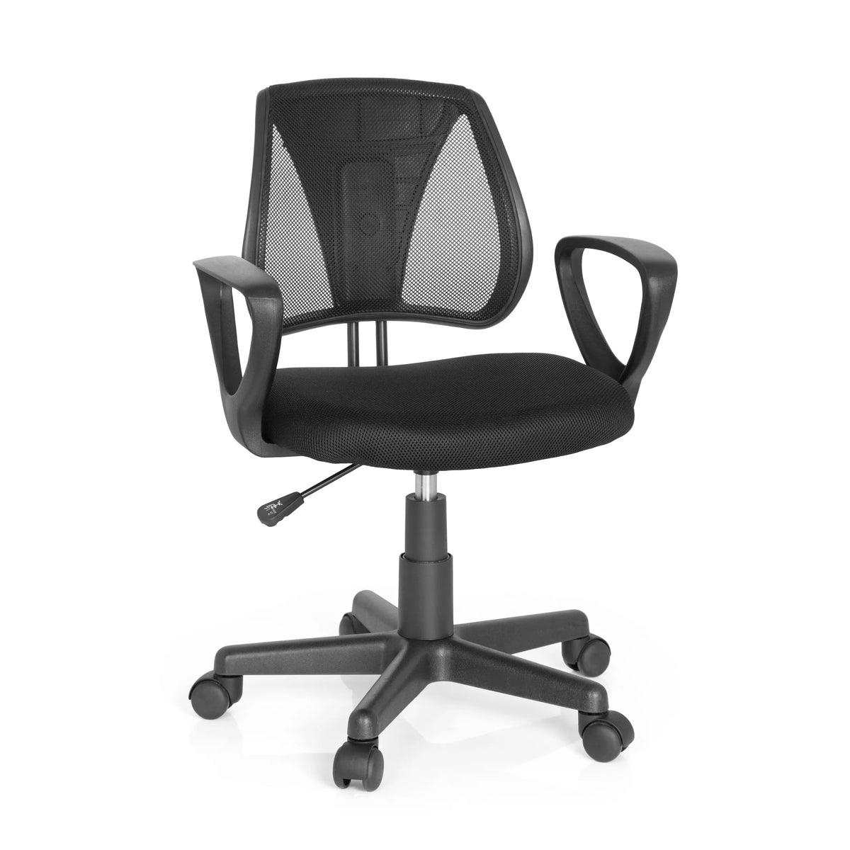Sedia girevole per bambini KIDDY CD nera con schienale in rete e base a cinque ruote di hjh OFFICE – vista a 360° (vista frontale 20°)