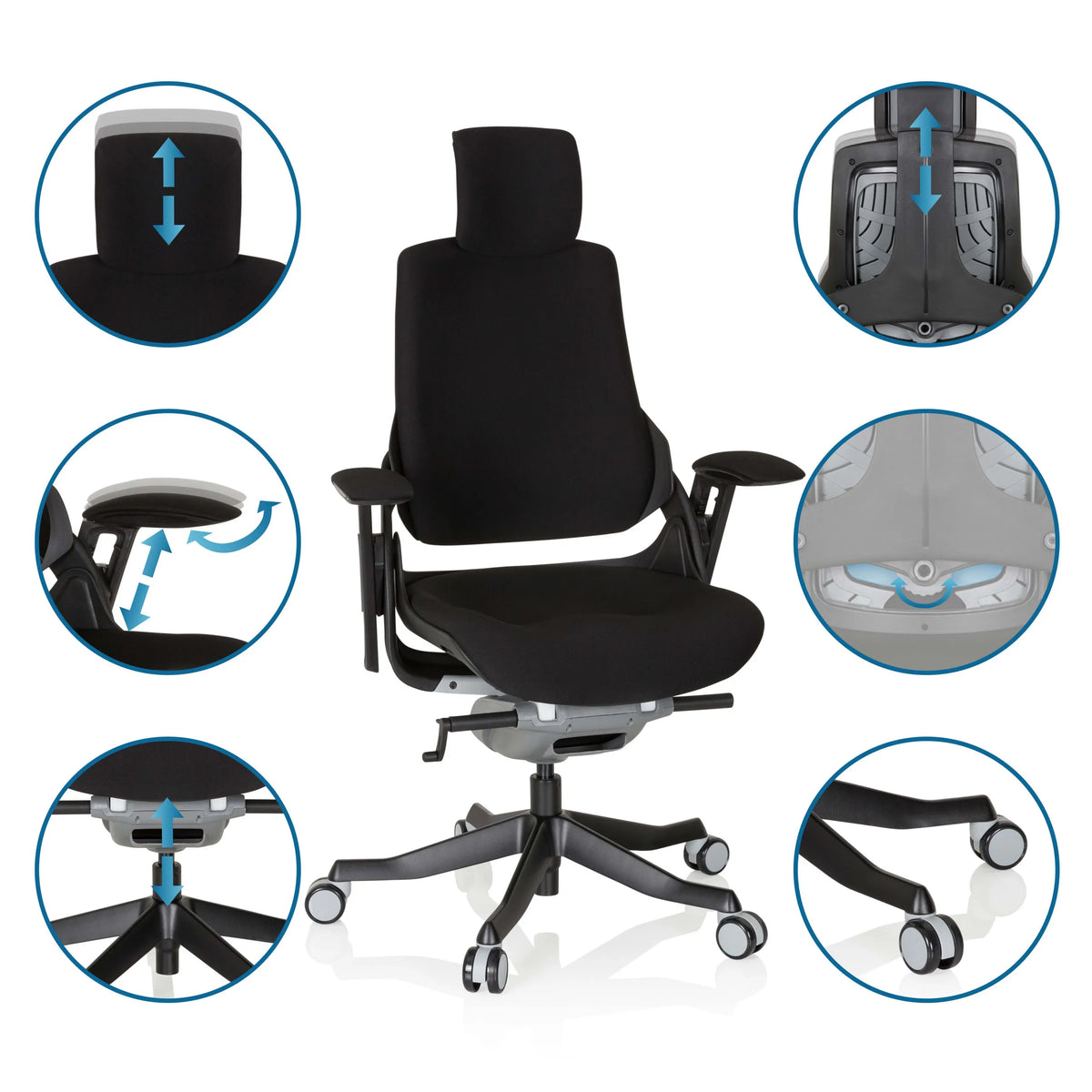 Sedia da ufficio professionale SPEKTRE BLACK nera con diverse opzioni di regolazione di hjh OFFICE
