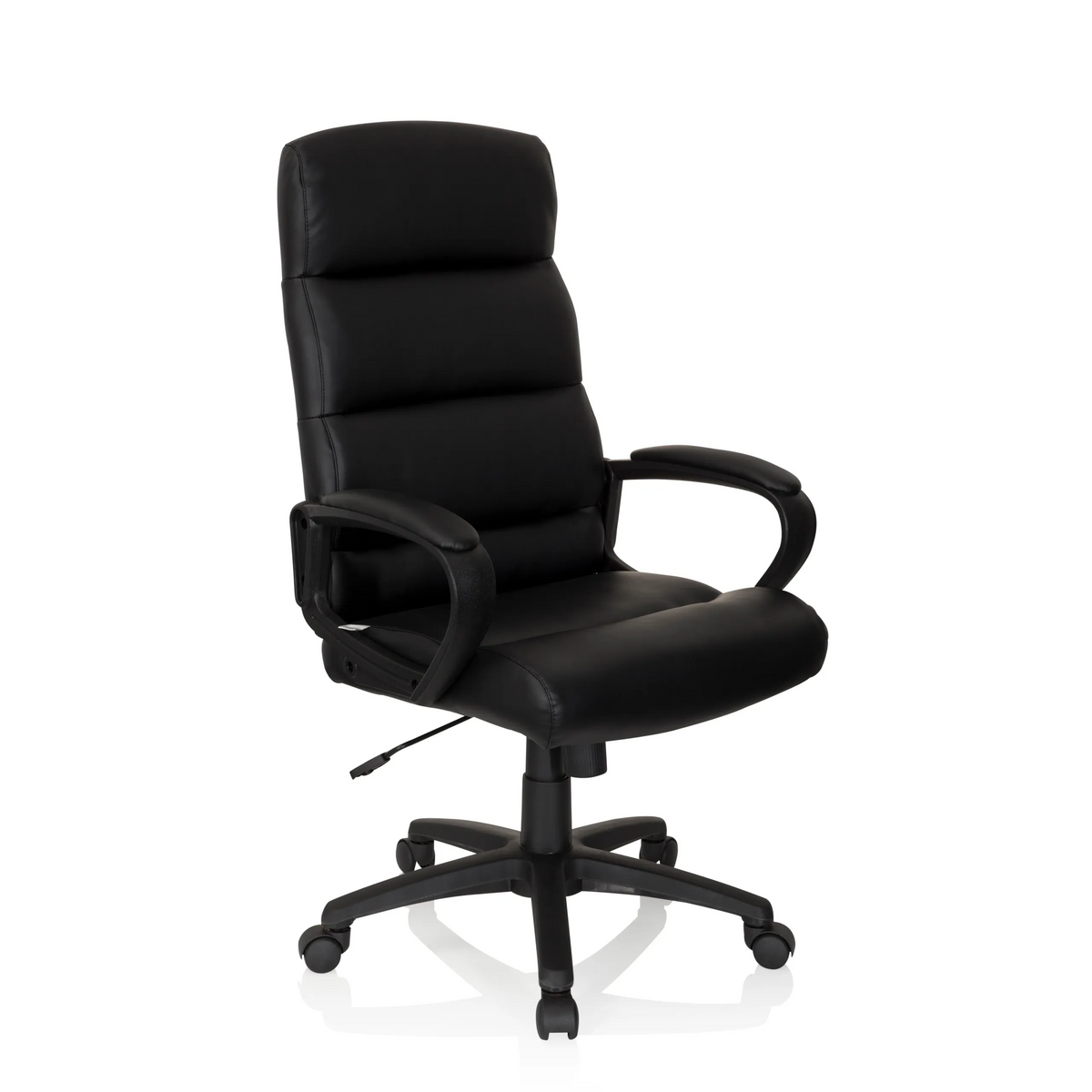 Poltrona professionale FUTURA 100 nera con imbottitura trapuntata e base a cinque ruote di hjh OFFICE – vista a 360° (vista frontale a tre quarti 40°)