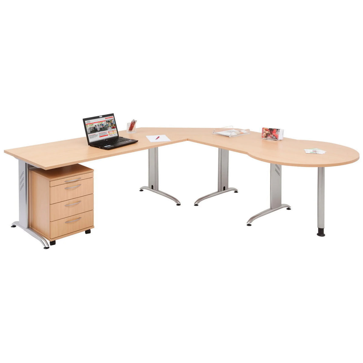 L-förmiger Schreibtisch BELA 82 S in Asteiche mit integriertem Rollcontainer und silbernen Beinen von hjh OFFICE PRO