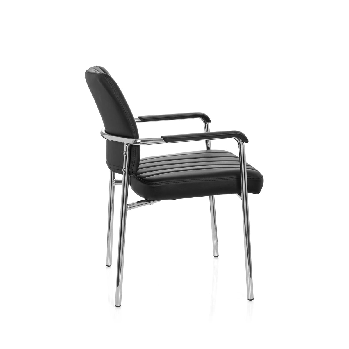 Sedia a quattro gambe SOMOS V nera con rivestimento in ecopelle, imbottitura trapuntata e braccioli di hjh OFFICE – vista a 360° (profilo laterale 100°)