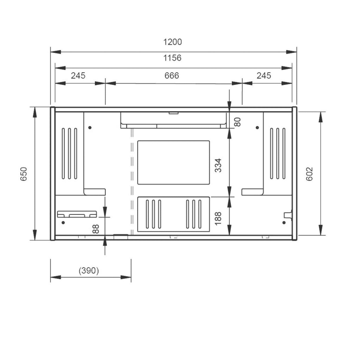 Disegno tecnico della scrivania a parete WOVA con larghezza 1200 mm e profondità 650 mm di hjh OFFICE PRO