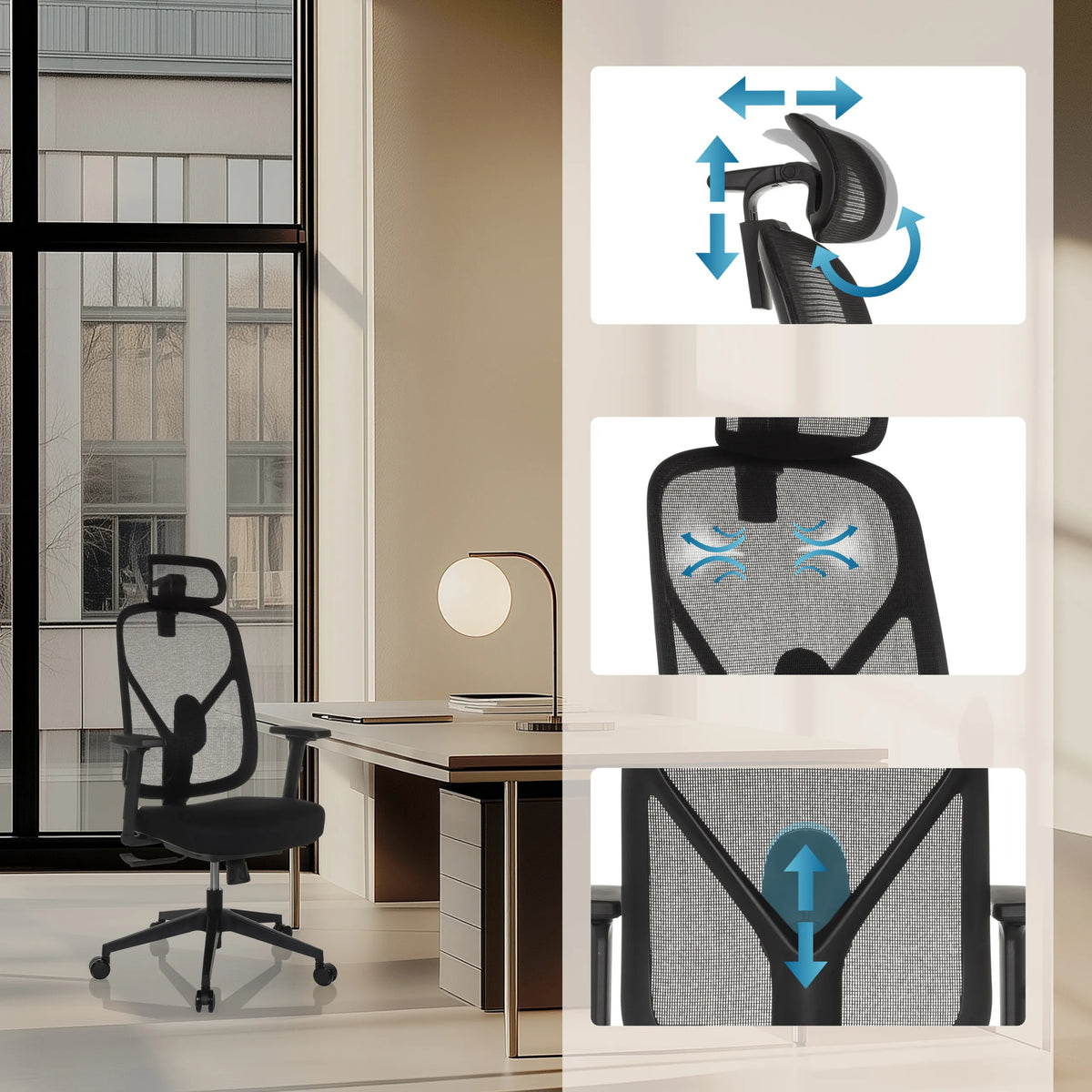 Poggiatesta e supporto lombare regolabili della sedia da ufficio professionale RALOO ECO in nero di hjh OFFICE