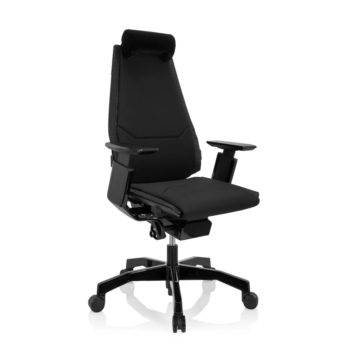High-end Sedia da ufficio GENIDIA BLACK nera con rivestimento in tessuto e base a cinque ruote di hjh OFFICE – vista a 360° (vista frontale a tre quarti 40°)