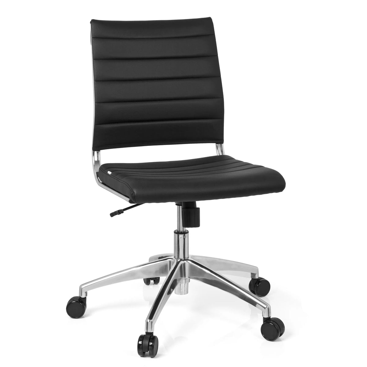 Sedia da ufficio professionale TRISHA nera con imbottitura trapuntata e base a cinque ruote di hjh OFFICE – vista a 360° (vista frontale 20°)