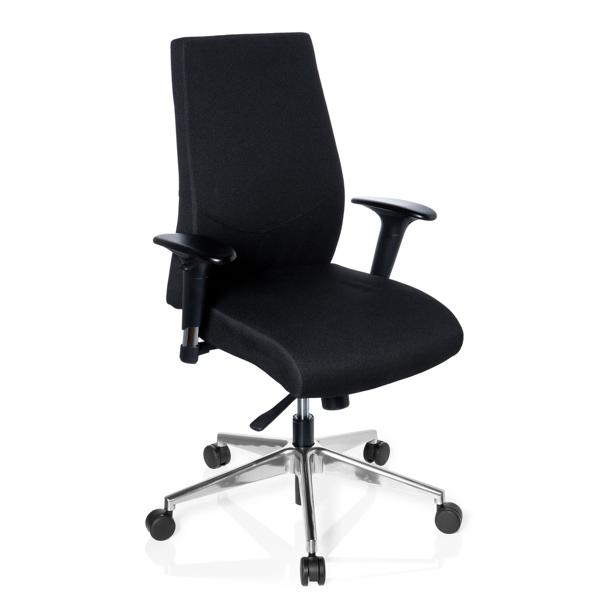 Sedia da ufficio professionale PRO-TEC 250 nera con braccioli e base a cinque ruote di hjh OFFICE – vista a 360° (vista frontale a tre quarti 40°)