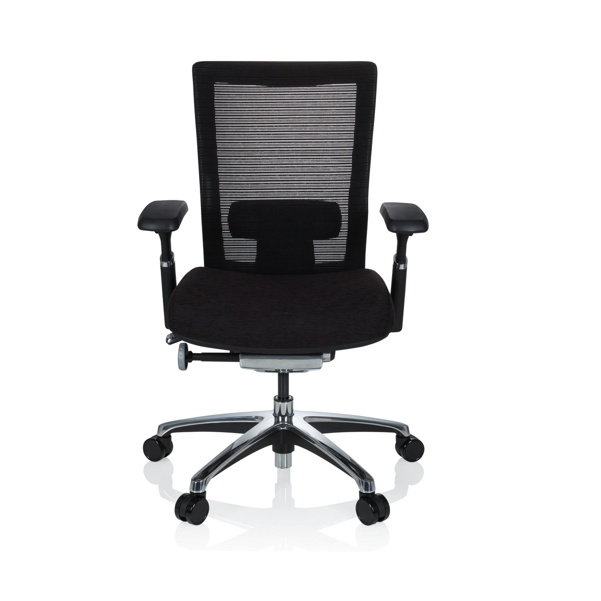 Schwarzer High-End-Bürostuhl NOVA PRO ALU mit Netzrücken und Fußkreuz mit fünf Rollen von hjh OFFICE – 360-Grad-Ansicht (Frontansicht 0°)