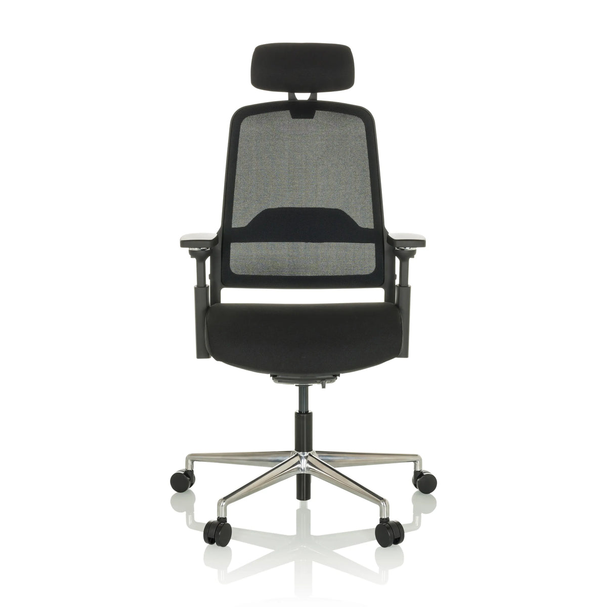 Sedia da ufficio professionale TERARO AX nera con schienale in rete, poggiatesta e base a cinque ruote di hjh OFFICE – vista a 360° (vista frontale 0°)