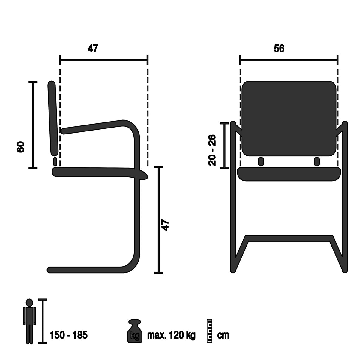 Disegno tecnico della Sedia a sbalzo CAPTIVO PRO V con una larghezza di 56 cm di hjh OFFICE