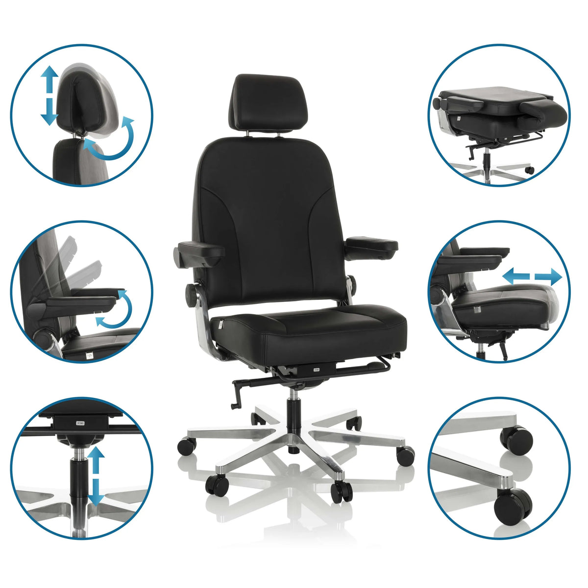 Sedia girevole XXL 24 HOURS F in pelle nera con diverse possibilità di regolazione di hjh OFFICE