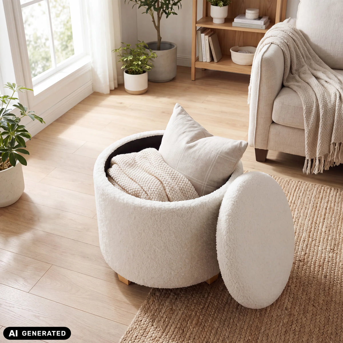 Sgabello imbottito bianco Storiano S con contenitore, riempito di coperte e cuscini di hjh LIVING (immagine generata dall’IA)