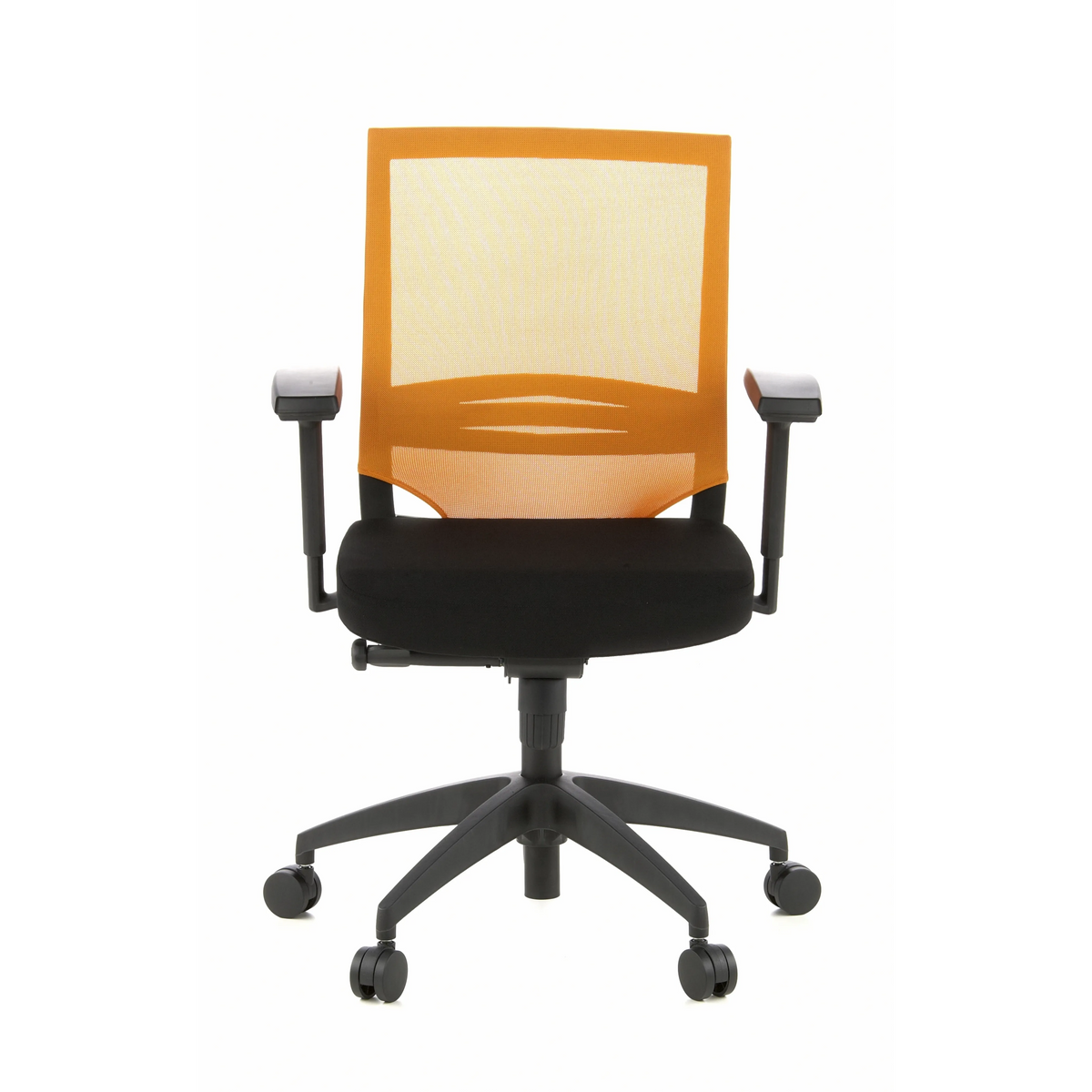 Sedia da ufficio professionale PORTO BASE nero-arancione con schienale in rete e base a cinque ruote di hjh OFFICE – vista a 360° (vista frontale 0°)