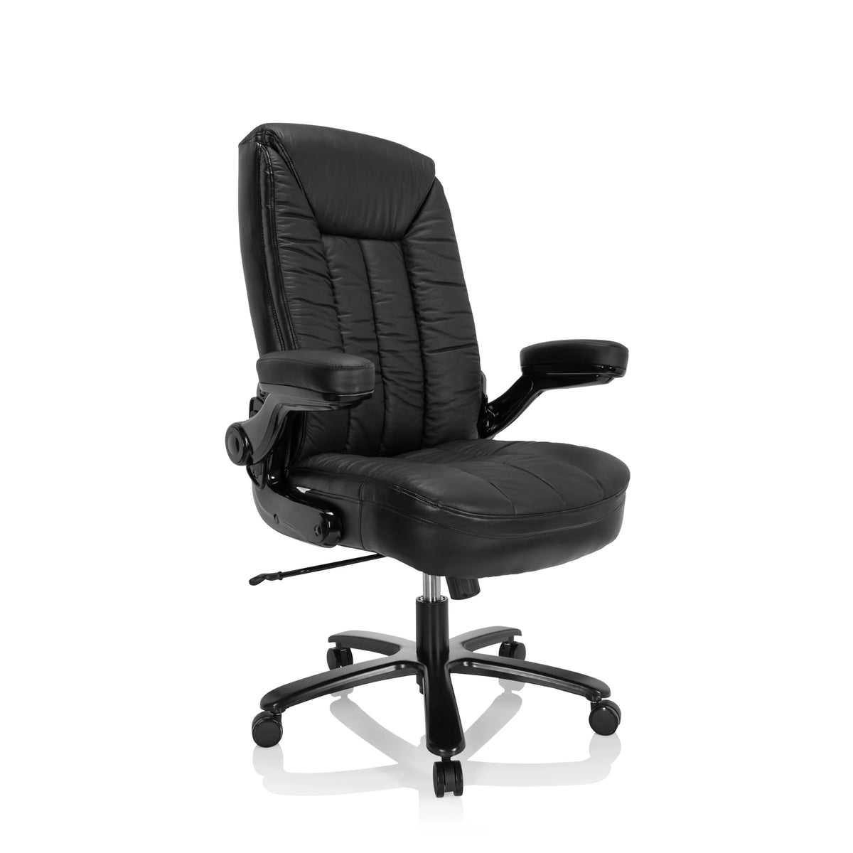 Sedia girevole XXL INSTRUCTOR III nera in pelle con base a stella e cinque ruote di hjh OFFICE – vista a 360° (vista frontale a tre quarti 40°)