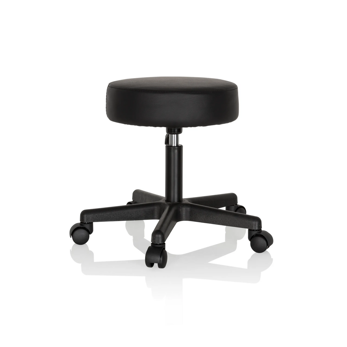 Sgabello girevole nero OPERATOR I con seduta imbottita e base a cinque ruote di hjh OFFICE – vista a 360° (profilo laterale 100°)