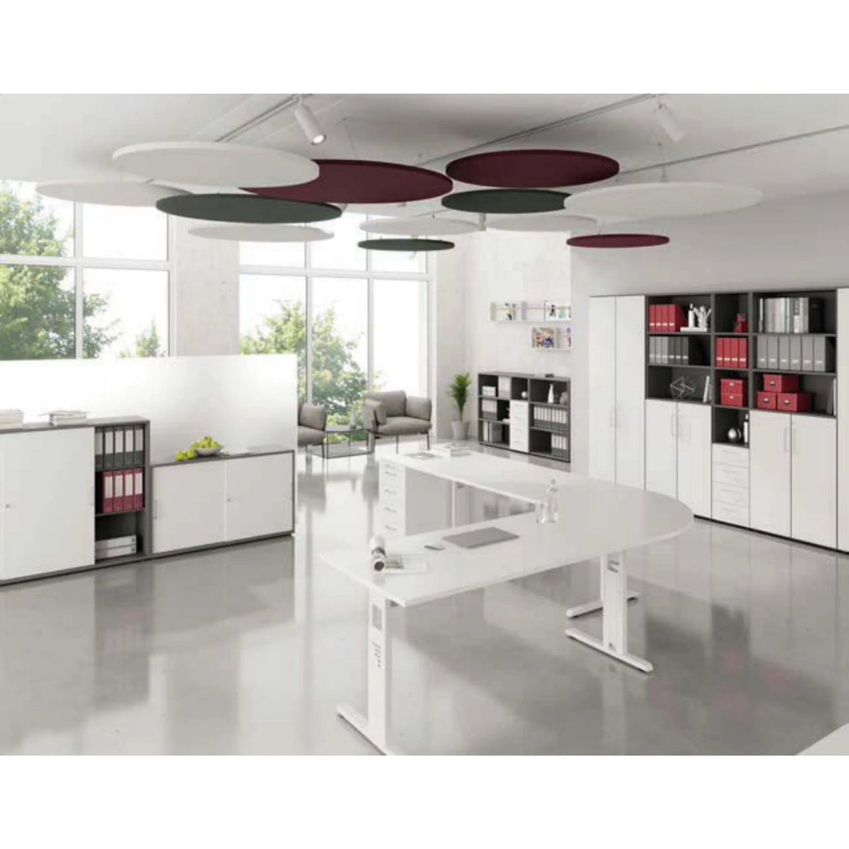Isole acustiche circolari a soffitto ADSRB1 in vari colori sul soffitto di un ufficio di hjh OFFICE PRO