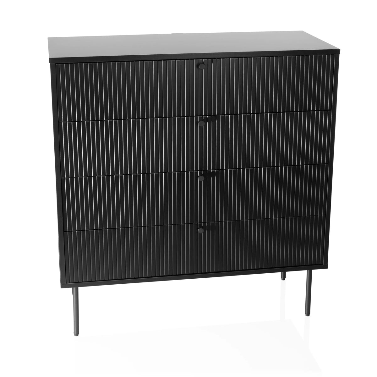 Cassettiera nera KARBY K con quattro cassetti scanalati e gambe sottili di hjh LIVING – vista a 360° (vista frontale 15°)