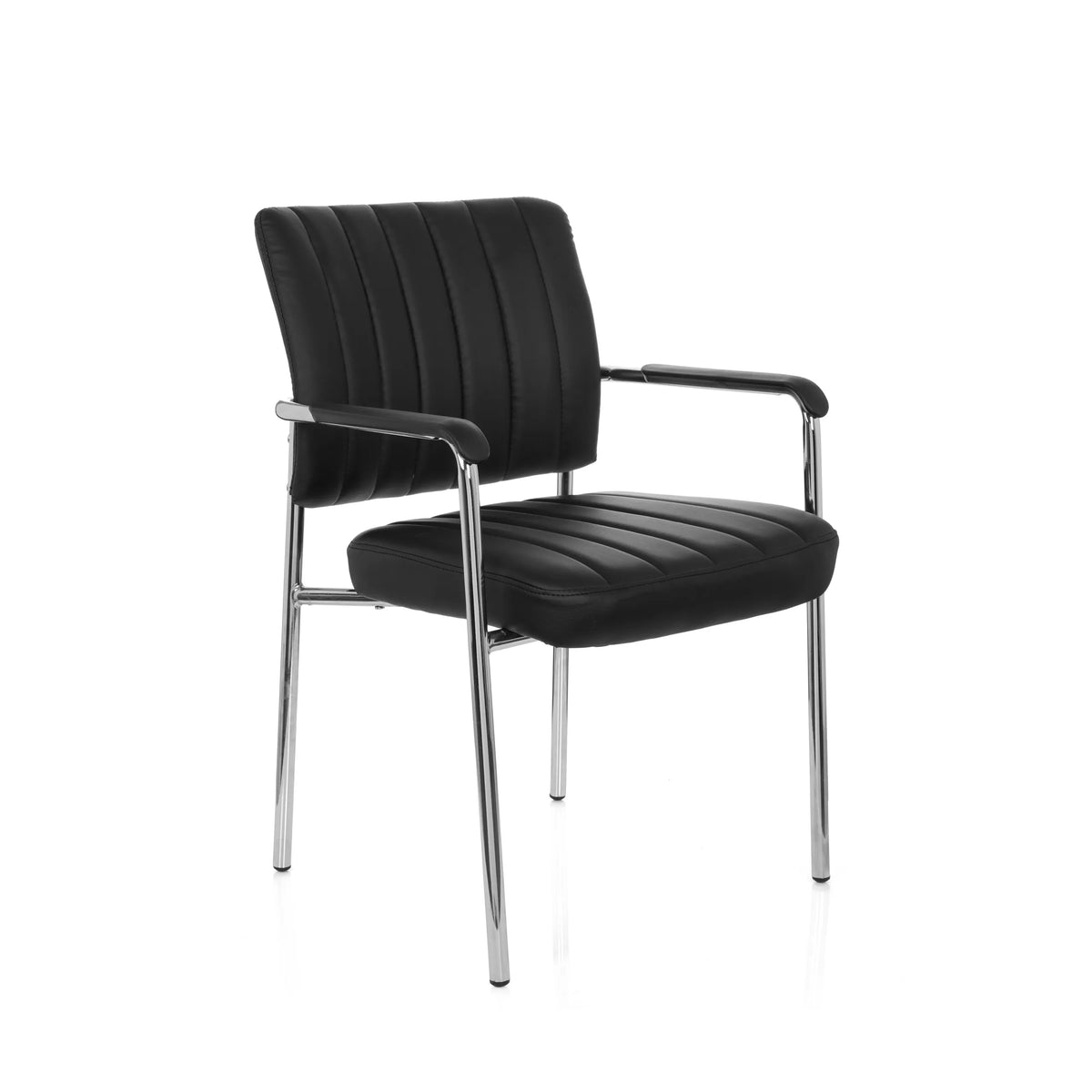 Sedia a quattro gambe SOMOS V nera con rivestimento in ecopelle, imbottitura trapuntata e braccioli di hjh OFFICE – vista a 360° (vista frontale a tre quarti 40°)