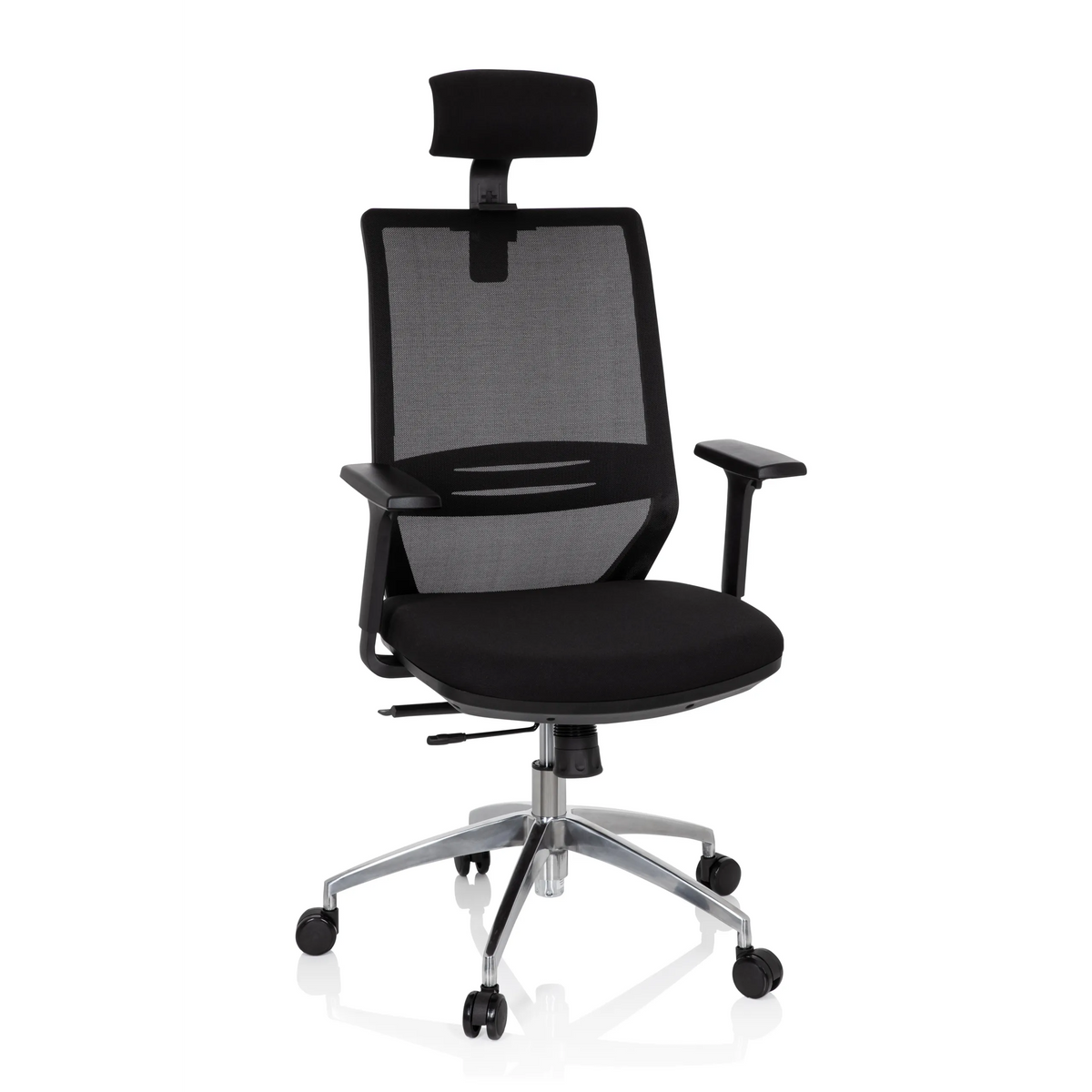 Sedia da ufficio professionale PROFONDO PRO nera con schienale in rete, poggiatesta e base a cinque ruote di hjh OFFICE – vista a 360° (vista frontale 20°)
