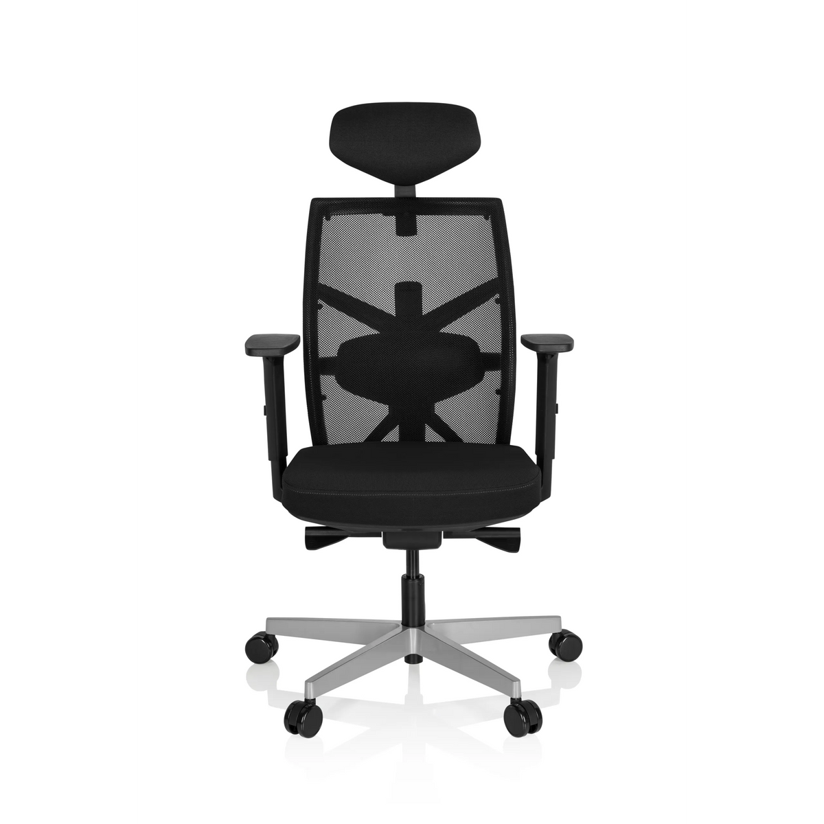 Sedia da ufficio professionale BELLAC nera con schienale in rete, poggiatesta e base a cinque ruote di hjh OFFICE – vista a 360° (vista frontale 0°)