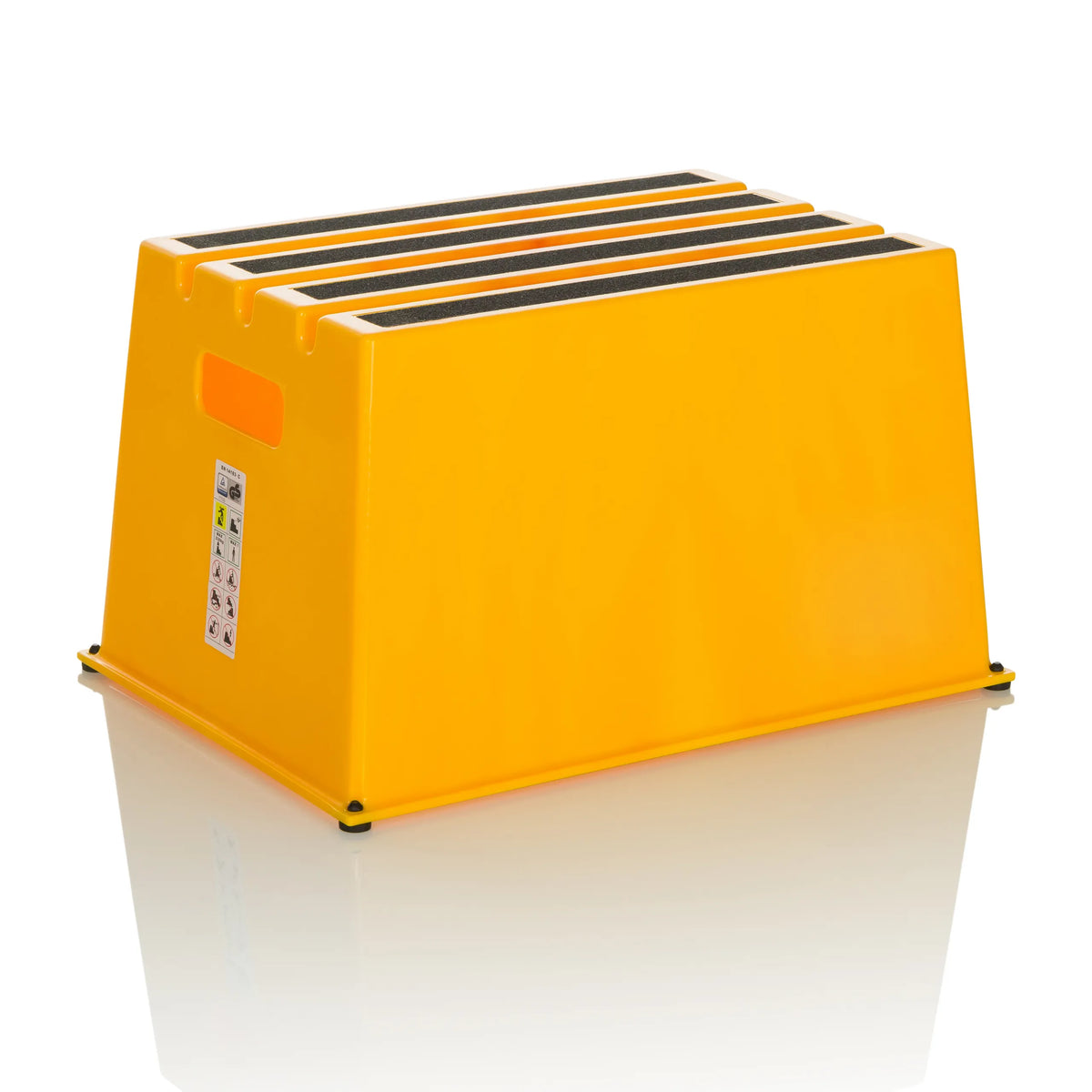 Sgabello giallo TIO-E1 con tre gradini antiscivolo di hjh OFFICE – vista a 360° (vista frontale a tre quarti 30°)