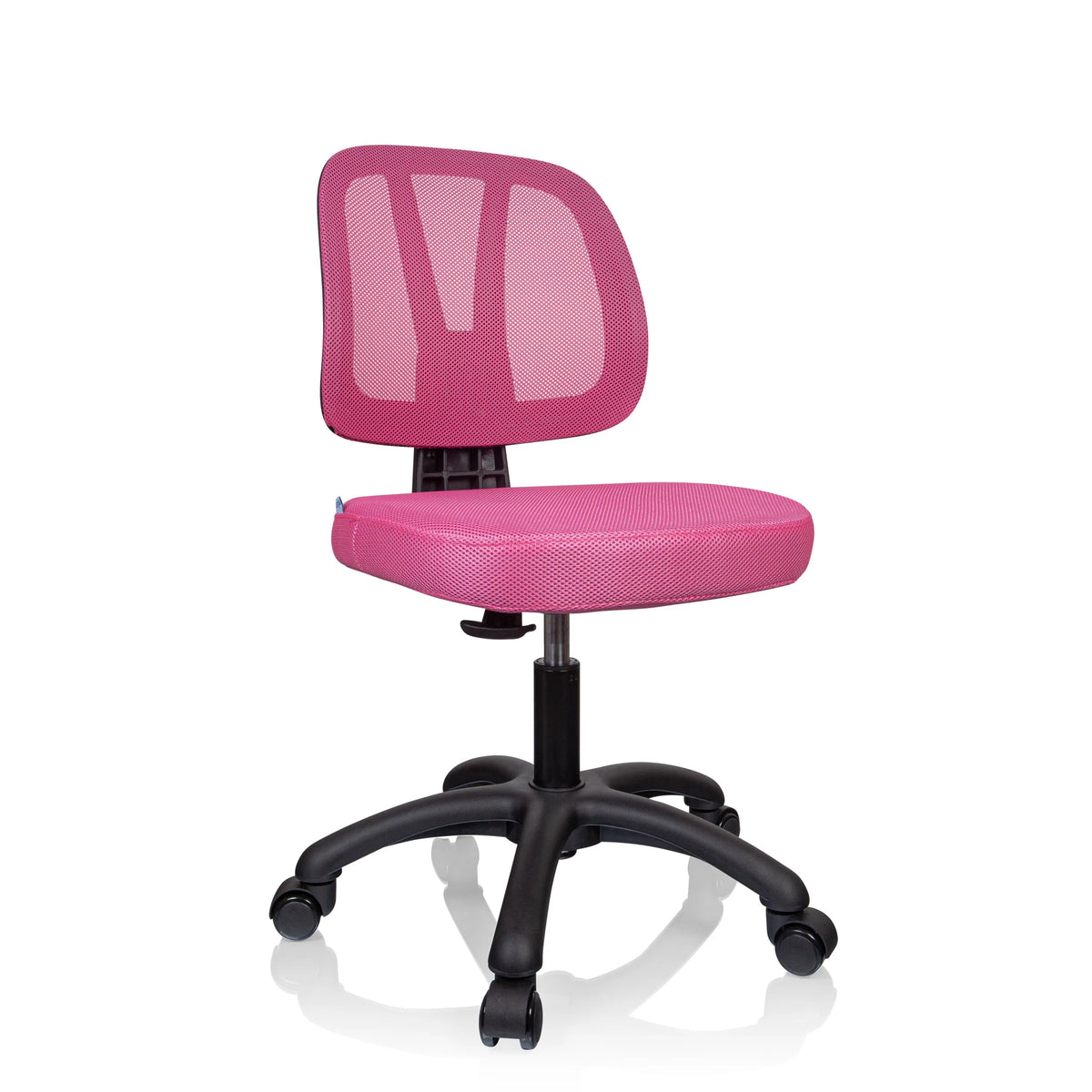 Sedia girevole per bambini KID YU 200 rosa con schienale in rete e base nera a cinque ruote di hjh OFFICE – vista a 360° (vista frontale a tre quarti 30°)