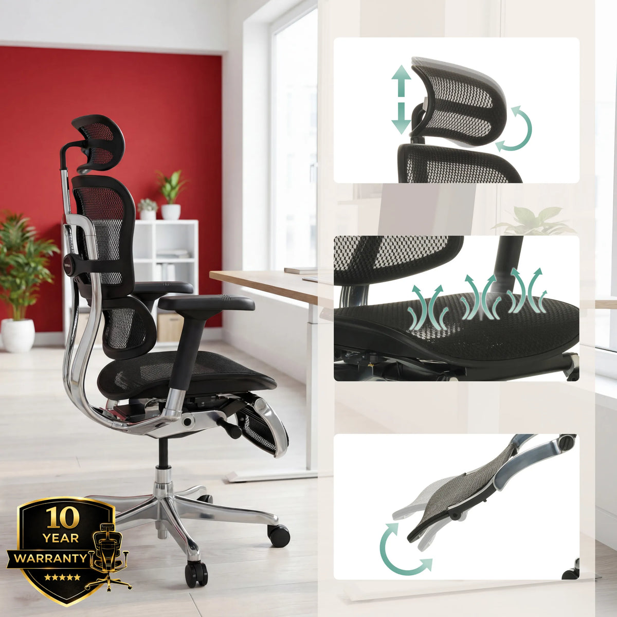 Poggiatesta regolabile e rivestimento in rete della poltrona di lusso ERGOHUMAN PLUS LEGPRO GEN2 di hjh OFFICE (immagine generata dall’IA)