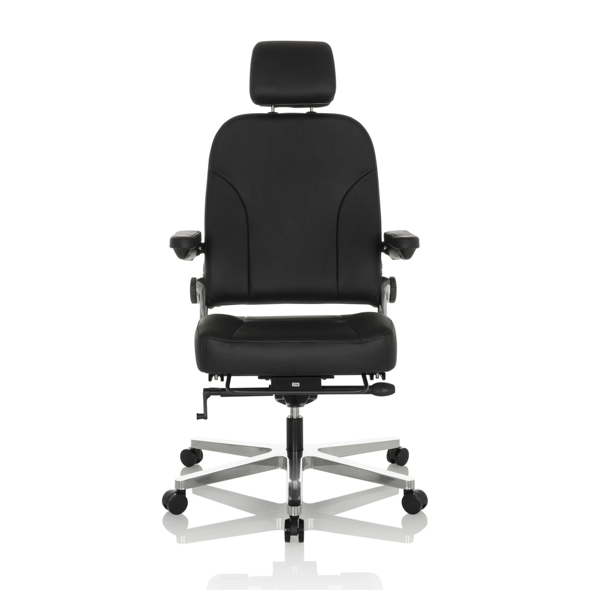 Sedia girevole XXL 24 HOURS F nera in pelle con poggiatesta e base a cinque ruote di hjh OFFICE – vista a 360° (vista frontale 0°)