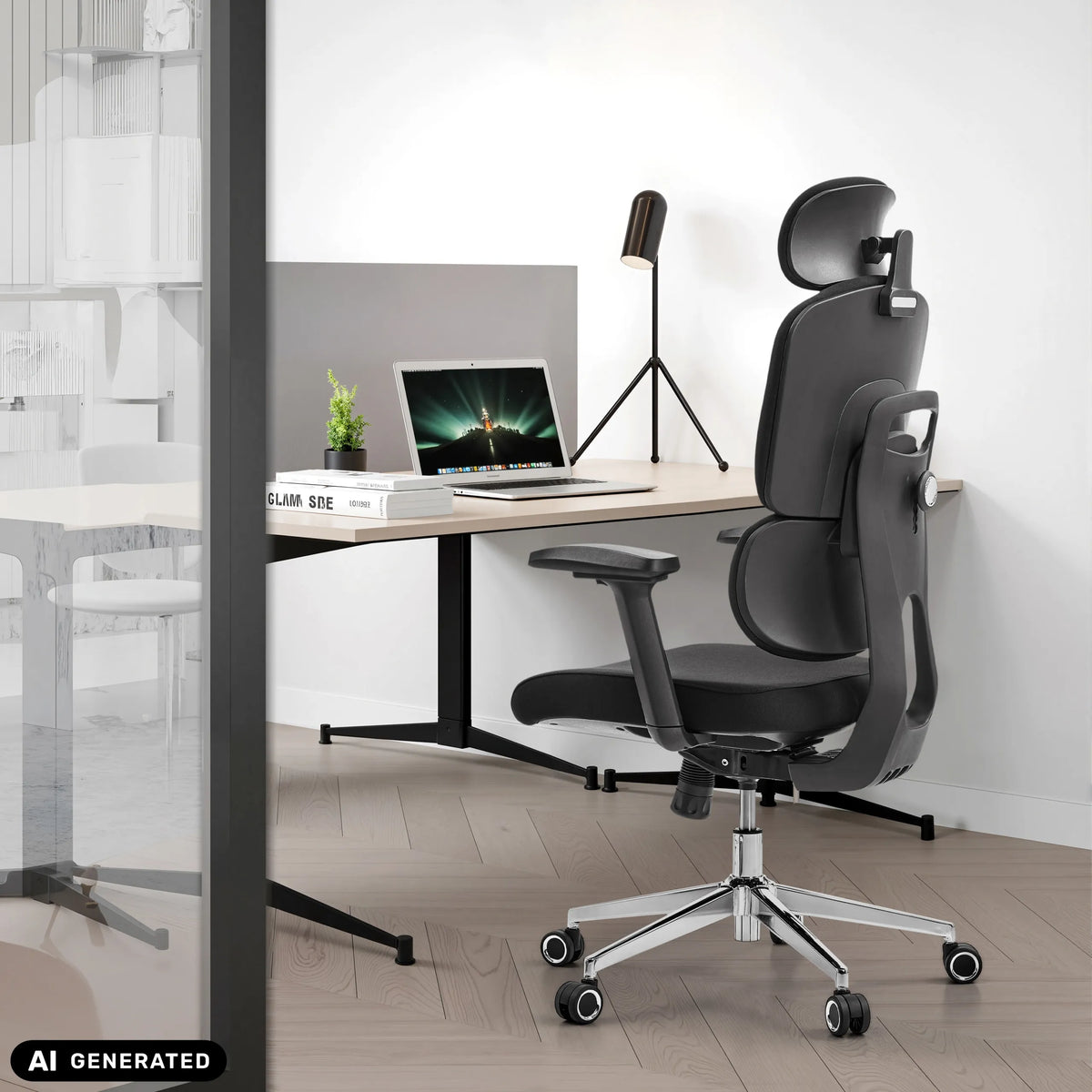 Sedia da ufficio professionale Ergomy F 2 nera con poggiatesta e braccioli a una scrivania di hjh OFFICE (immagine generata dall’IA)