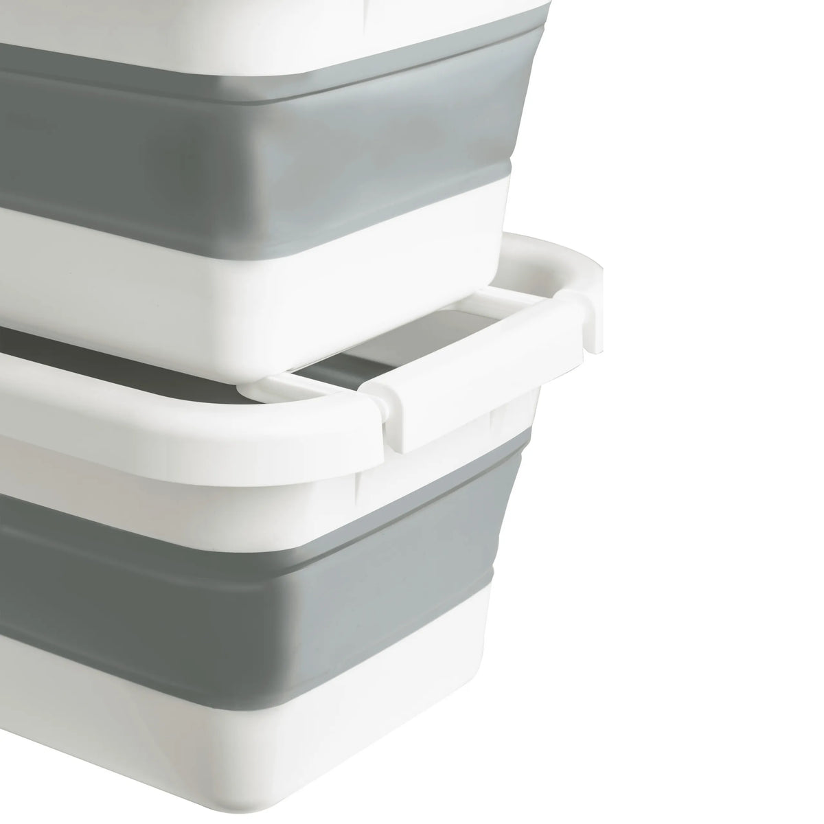 Contenitori pieghevoli CLEAN SILW impilati in grigio e bianco con maniglie integrate di hjh OFFICE