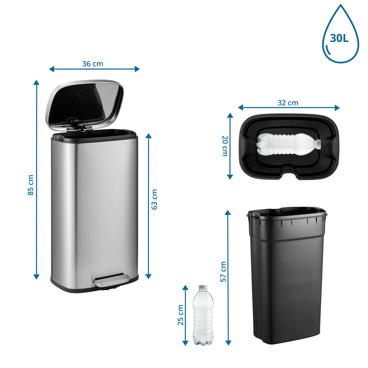 Disegno tecnico del Cestini Clean 15 con un'altezza di 85 cm e un volume di 30 litri di hjh OFFICE
