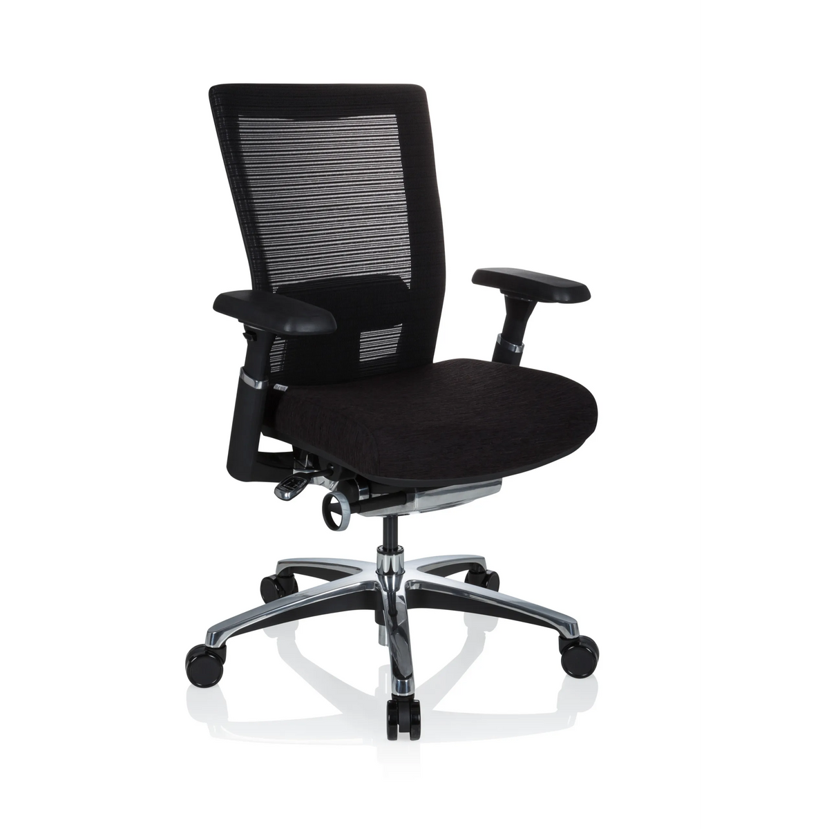 High-end Sedia da ufficio NOVA PRO ALU nera con schienale in rete e base a cinque ruote di hjh OFFICE – vista a 360° (vista frontale a tre quarti 40°)
