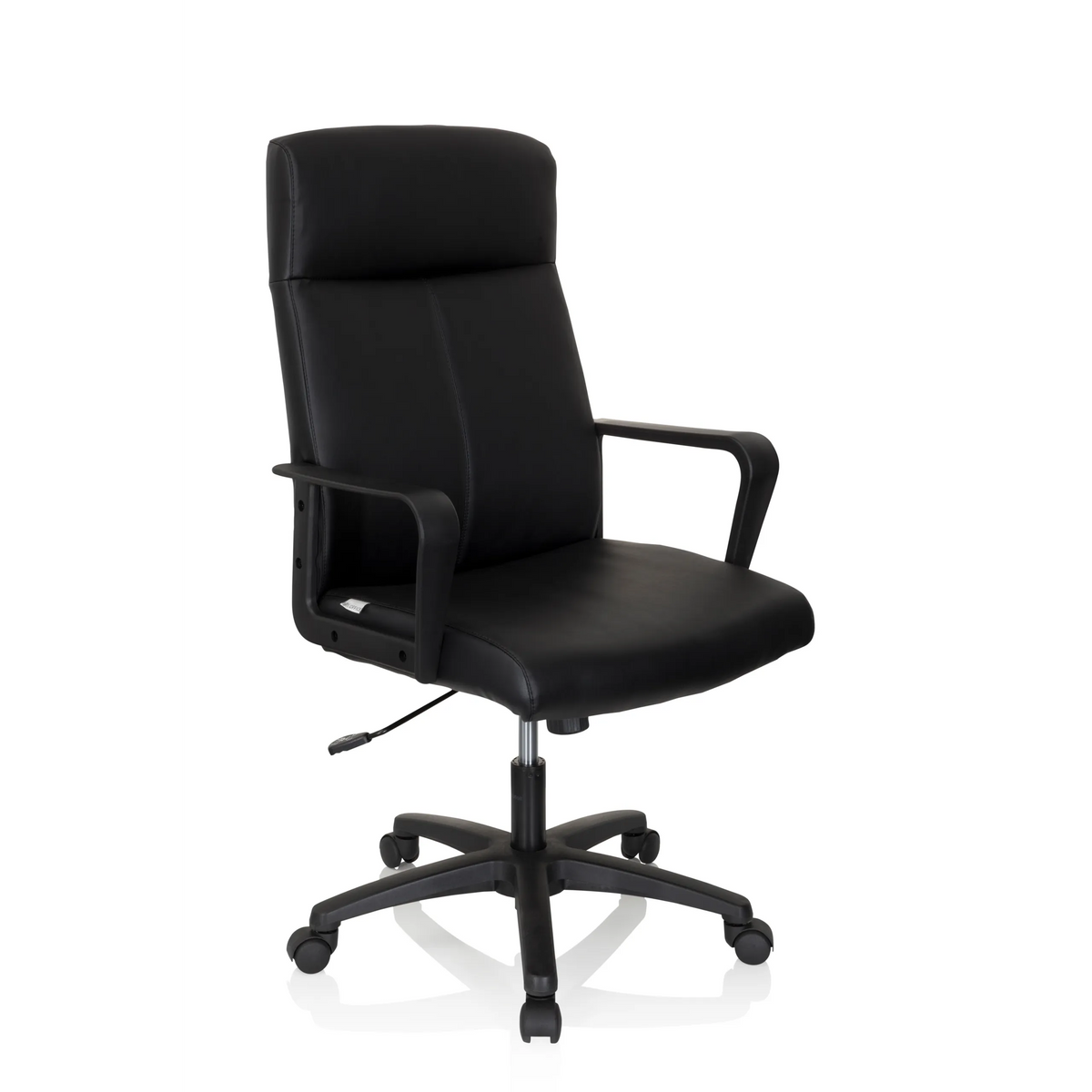 Poltrona professionale LISSO nera con braccioli e base a cinque ruote di hjh OFFICE – vista a 360° (vista frontale a tre quarti 40°)