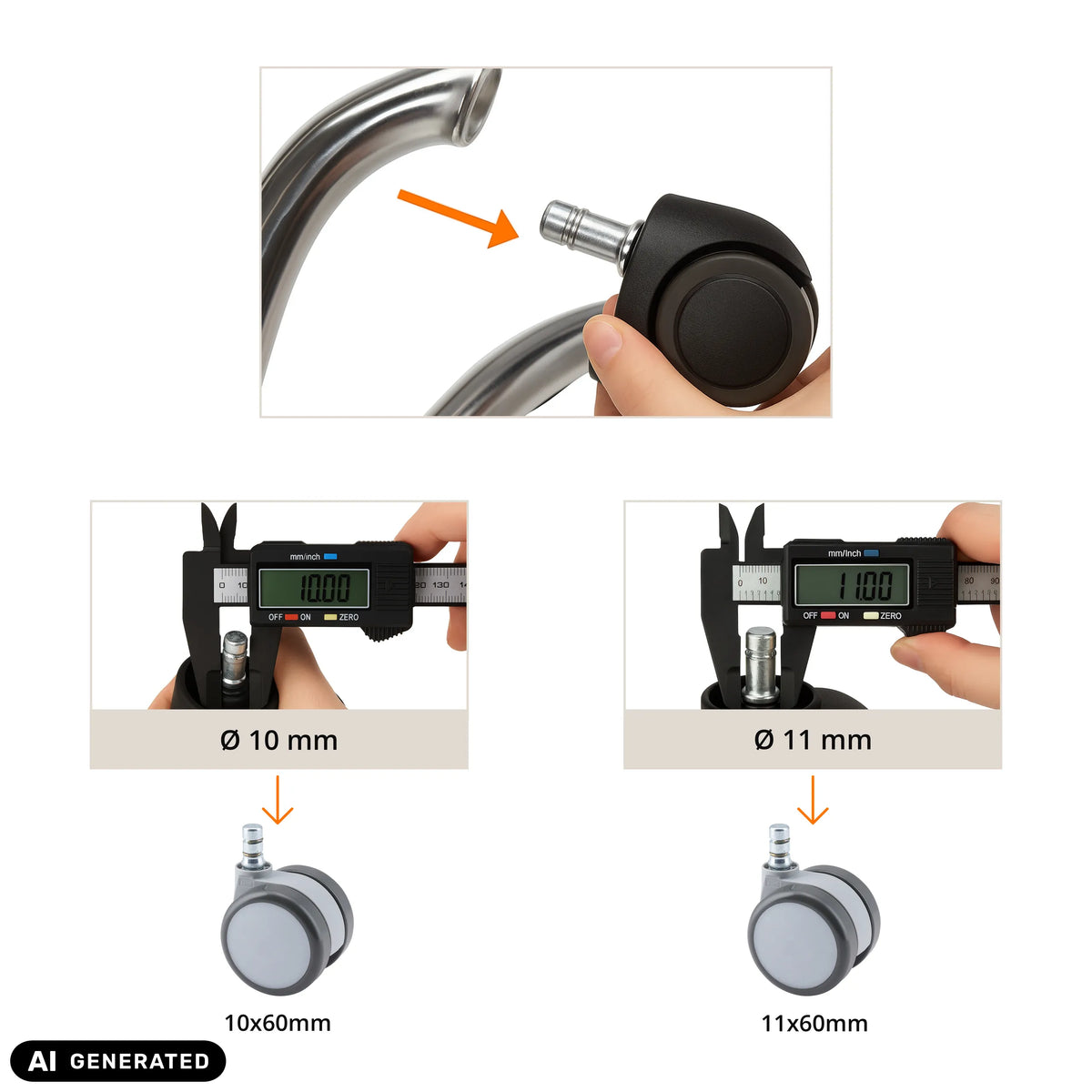 Misurazione del diametro del perno per rotelle per sedia 5x ROLO MOVE 60 11mm/60mm di hjh OFFICE (immagine generata dall’IA)
