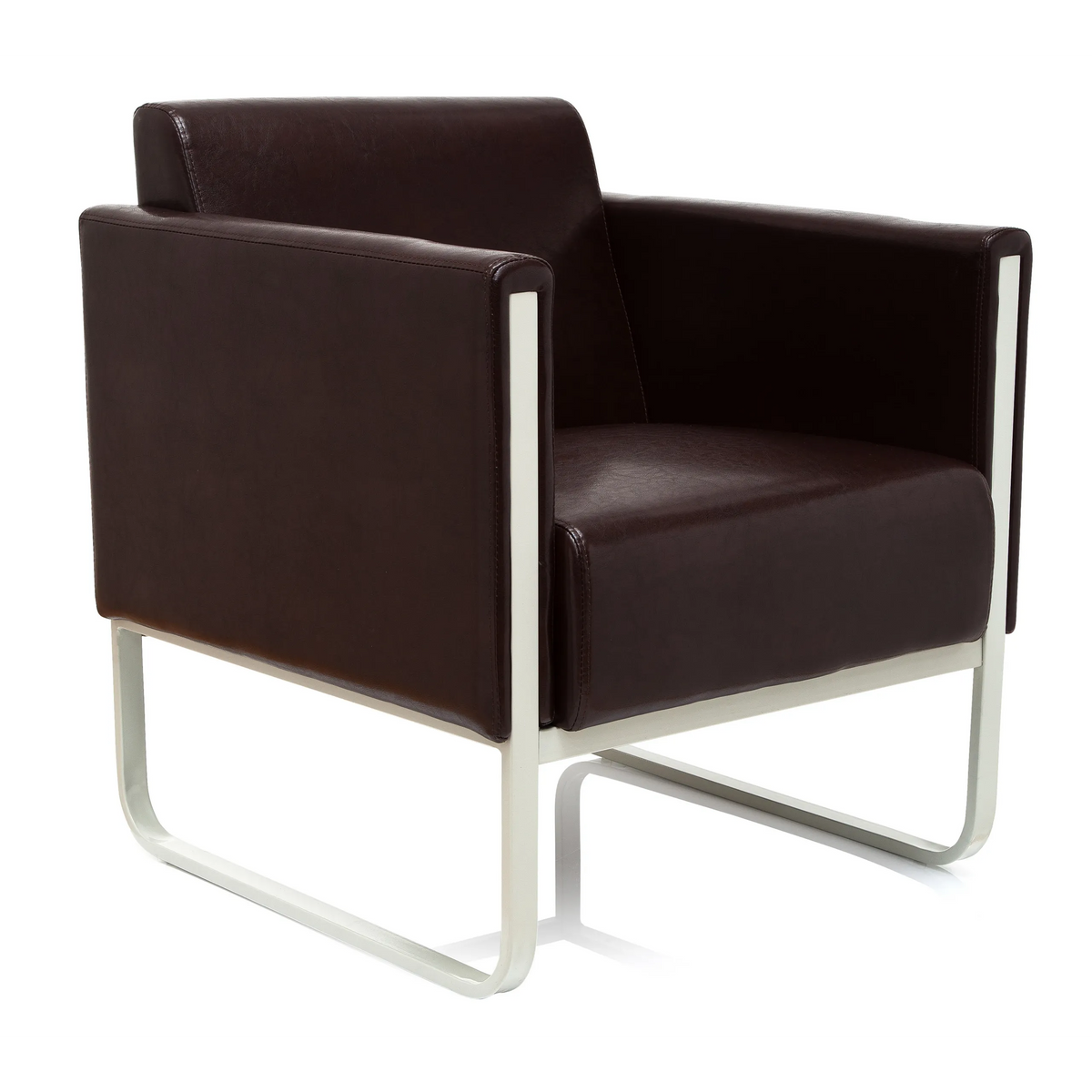 Poltrona imbottita marrone ARUBA con struttura in metallo bianca di hjh OFFICE – vista a 360° (vista frontale a tre quarti 40°)