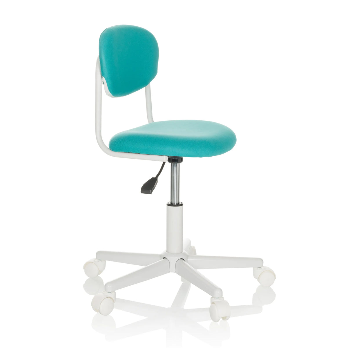 Sedia girevole per bambini KIDDY BASE I turchese con base bianca e cinque ruote di hjh OFFICE – vista a 360° (vista frontale a tre quarti 60°)