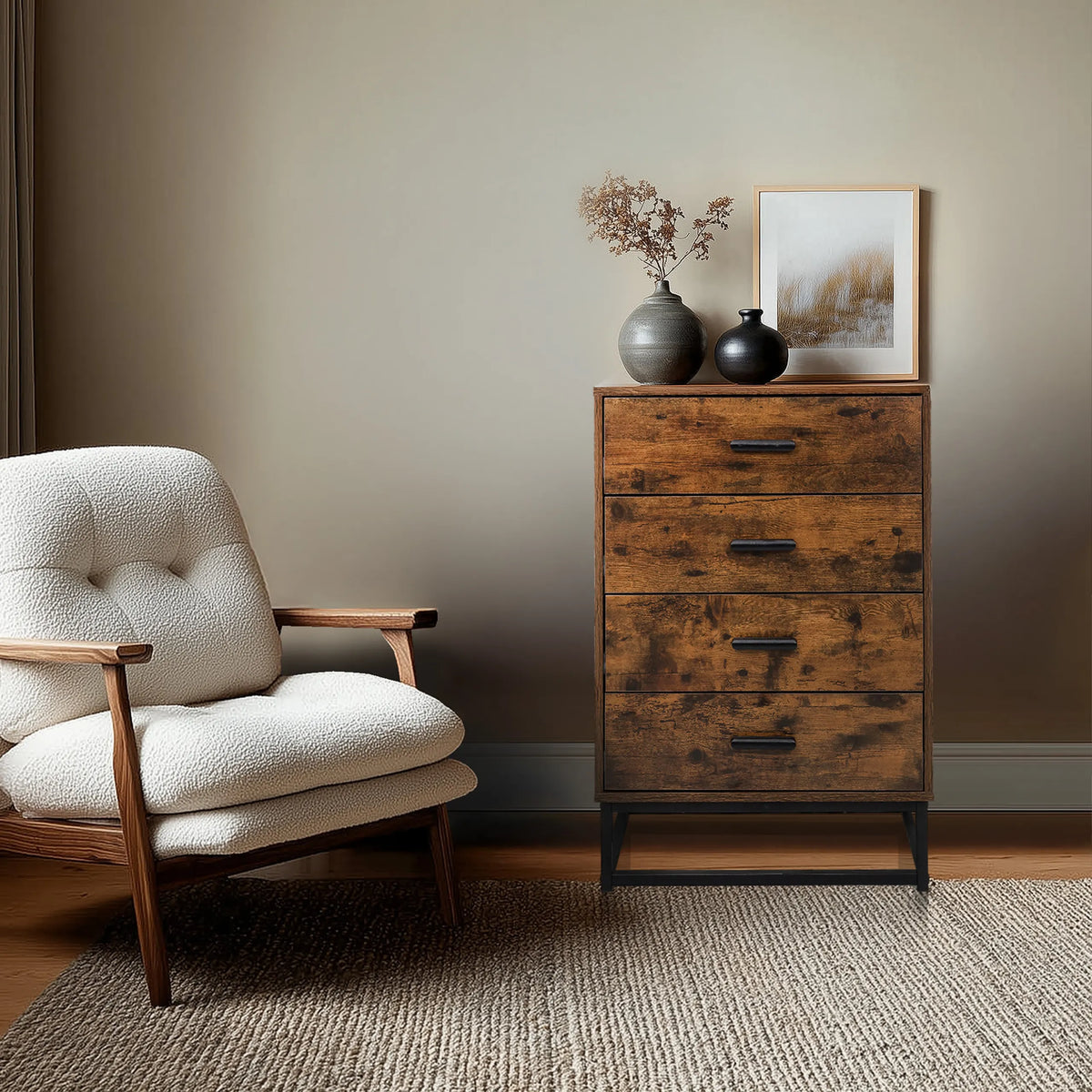 Cassettiera marrone VINSTRA con quattro cassetti e struttura in metallo nero di hjh LIVING