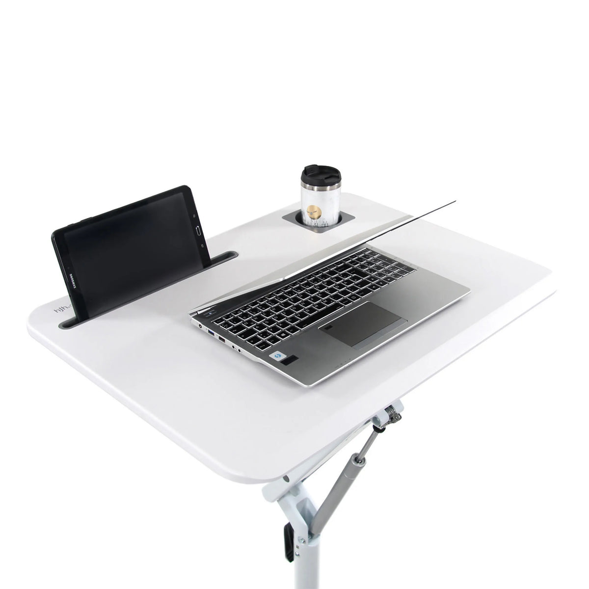Piano di lavoro bianco della scrivania in piedi STAND VM-SU I con laptop, tablet e portabicchieri di hjh OFFICE