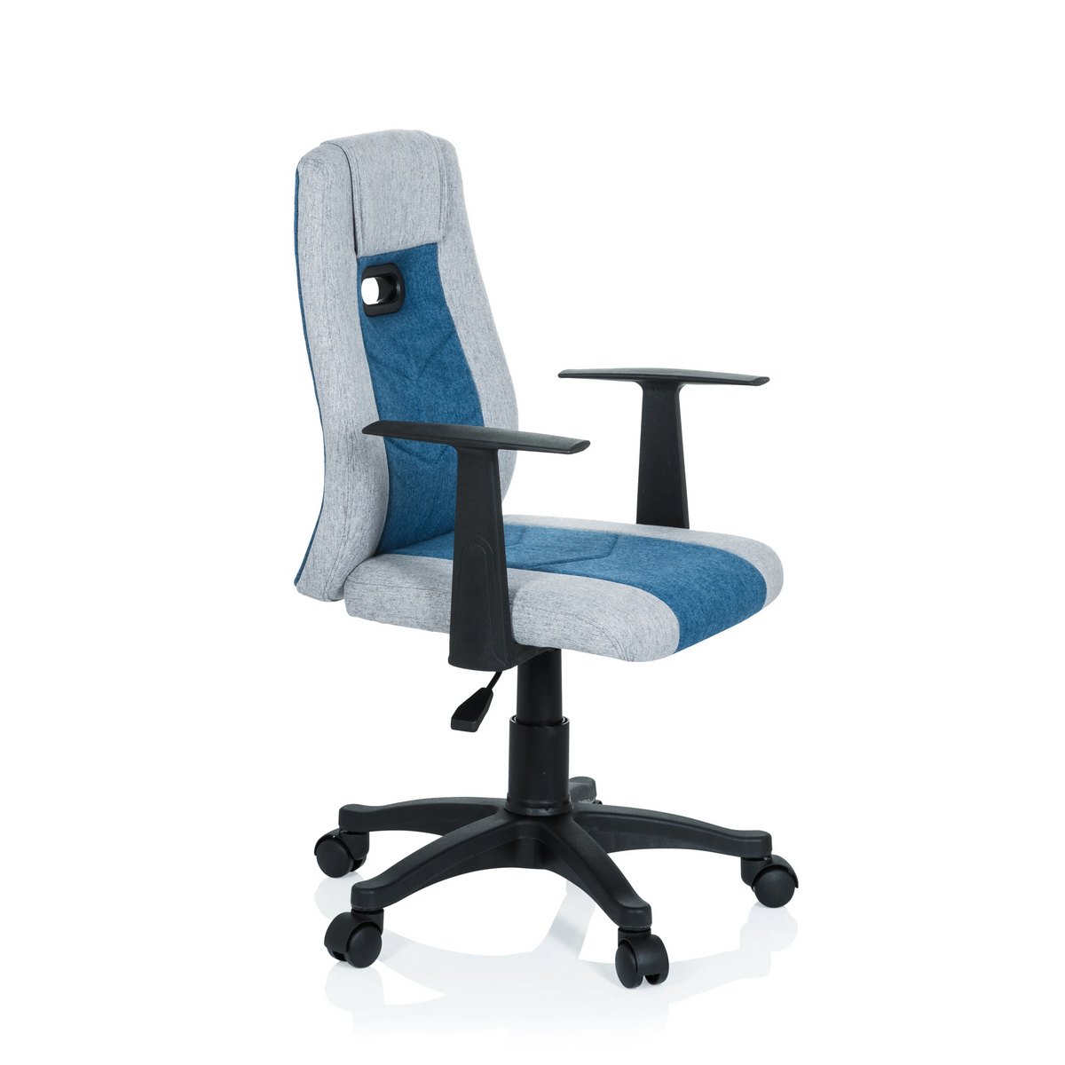 Grau-blauer Kinderdrehstuhl KIDDY EXTRA mit Armlehnen und Fußkreuz mit fünf Rollen von hjh OFFICE – 360-Grad-Ansicht (schräge Frontansicht 60°)