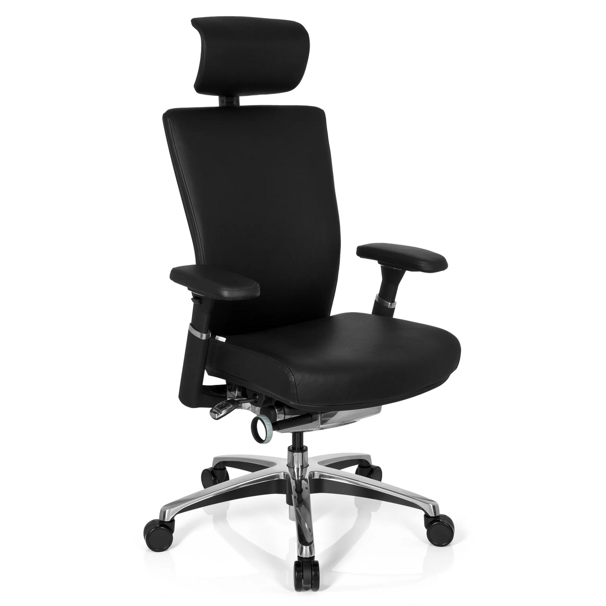 Sedia da ufficio professionale NOVA nera in pelle con poggiatesta e base a cinque ruote di hjh OFFICE – vista a 360° (vista frontale a tre quarti 40°)