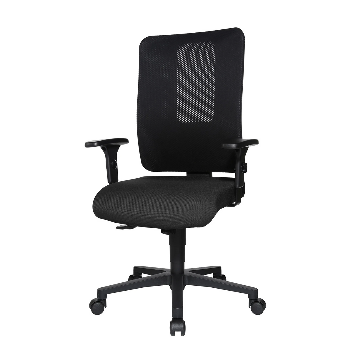 Sedia da ufficio professionale HJH WORK PRO nera con schienale in rete e base a cinque ruote di Topstar – vista a 360° (vista frontale a tre quarti 300°)