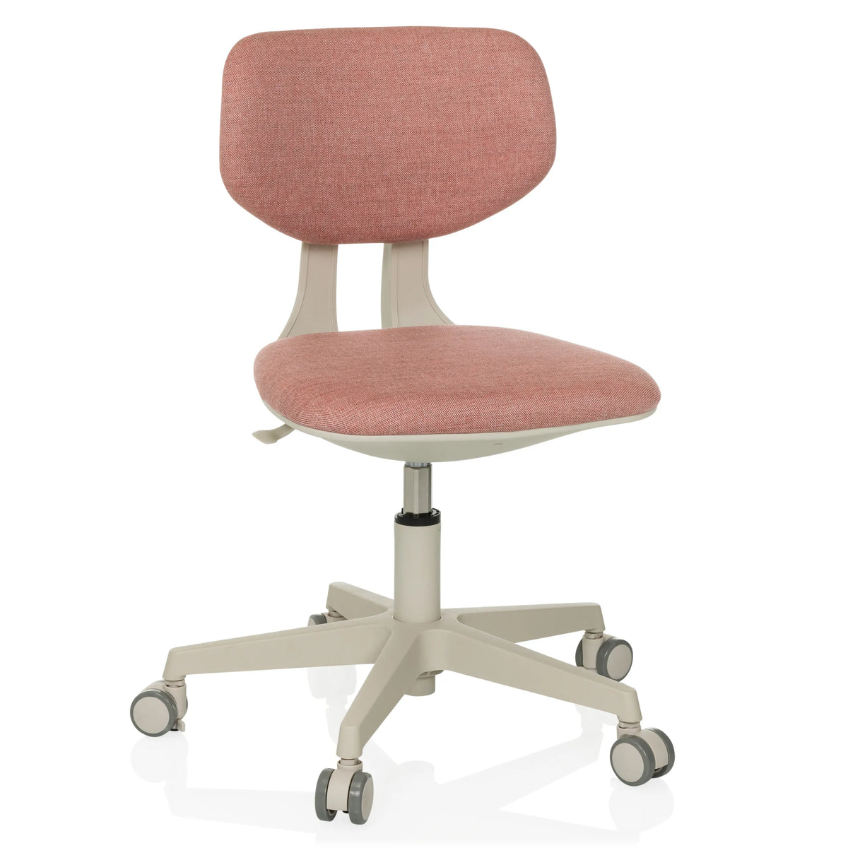 Rosa Kinderdrehstuhl KIDDY CLASSIC mit gepolsterter Sitzfläche und Fußkreuz mit fünf Rollen von hjh OFFICE – 360-Grad-Ansicht (Frontansicht 15°)