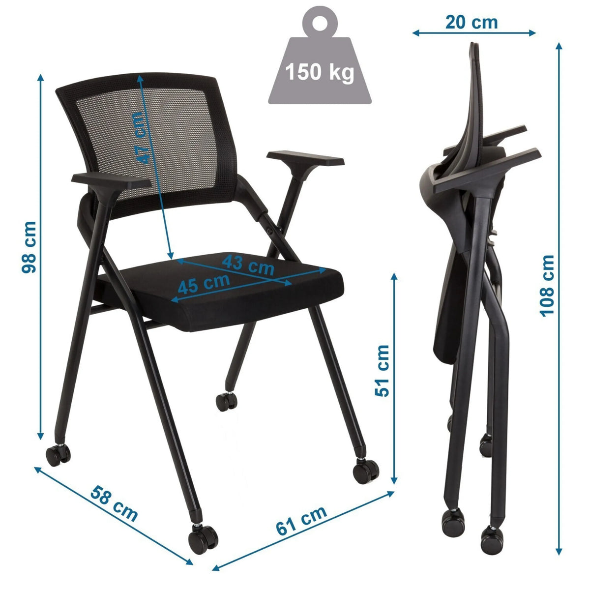 Disegno tecnico della Sedia pieghevole PRIORITY II con un'altezza di 98 cm e una portata di 150 kg di hjh OFFICE