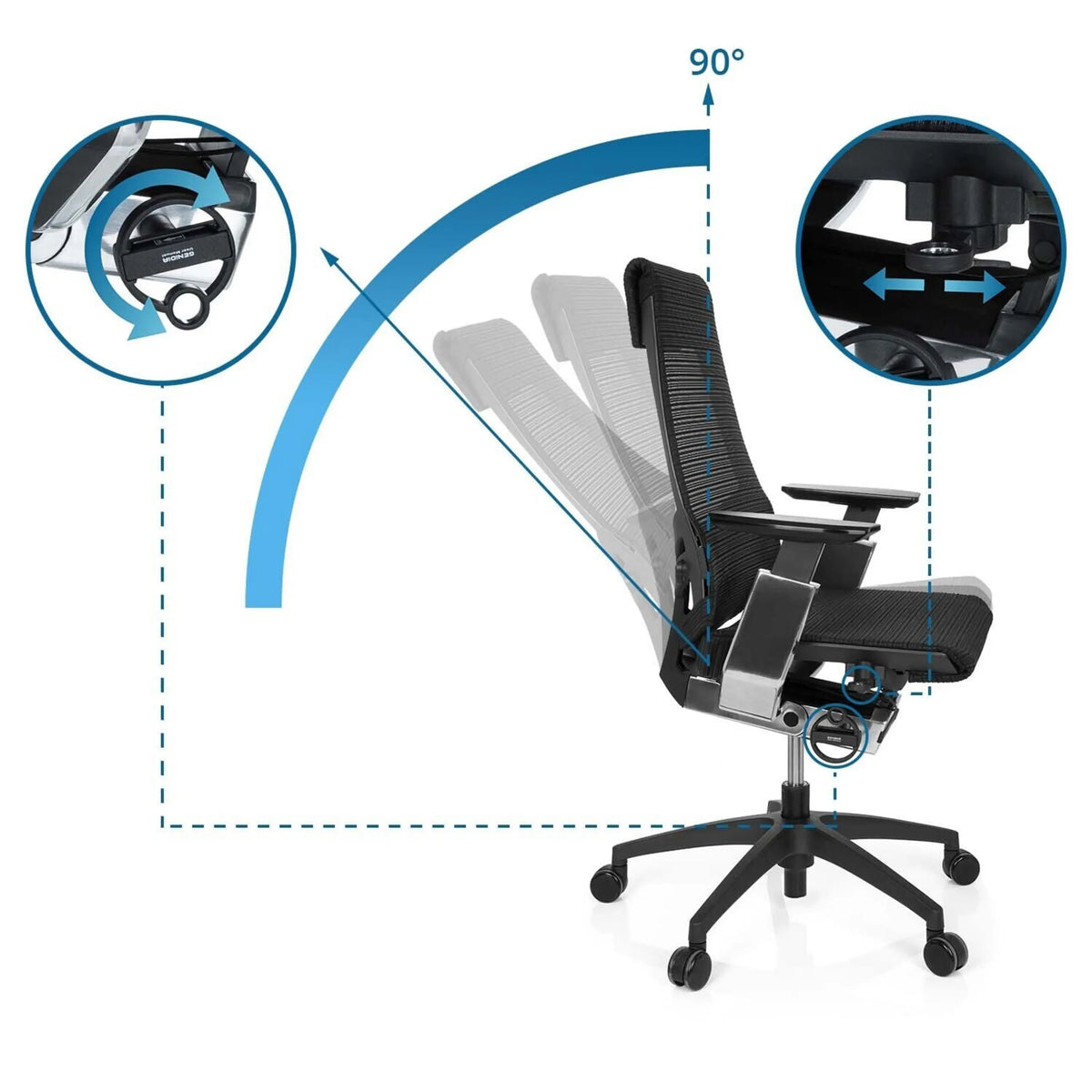 Schienale regolabile con inclinazione a 90 gradi della Sedia da ufficio professionale GENIDIA SMART BLACK CM di hjh OFFICE