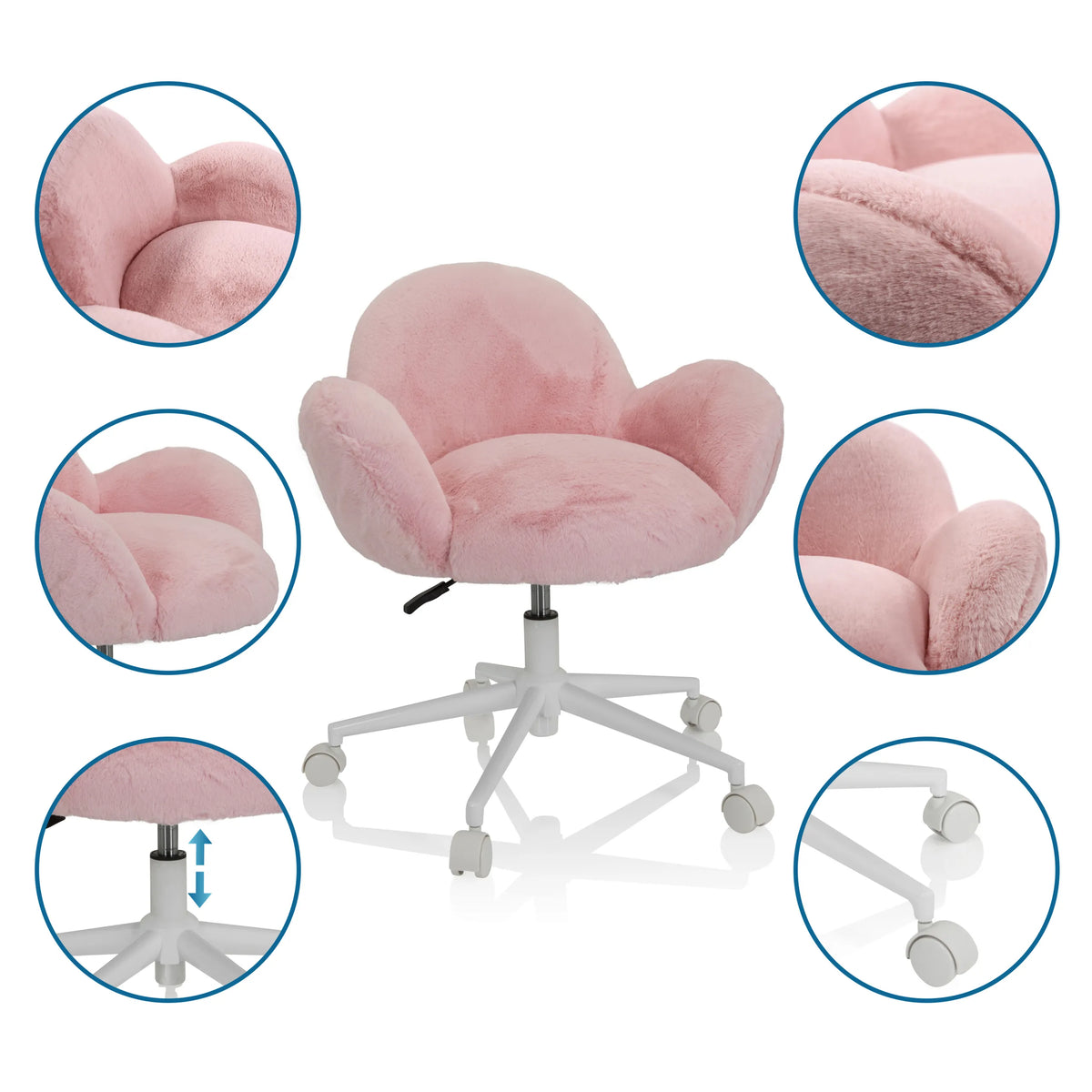 Sedia girevole per bambini KID TEDDY rosa con rivestimento soffice, base bianca e ruote di hjh OFFICE