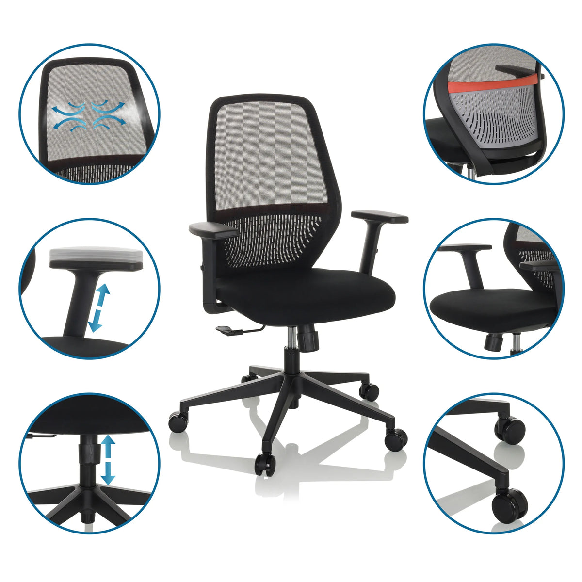 Sedia da ufficio professionale CARLOW I in nero con schienale in mesh, braccioli regolabili e rotelle di hjh OFFICE