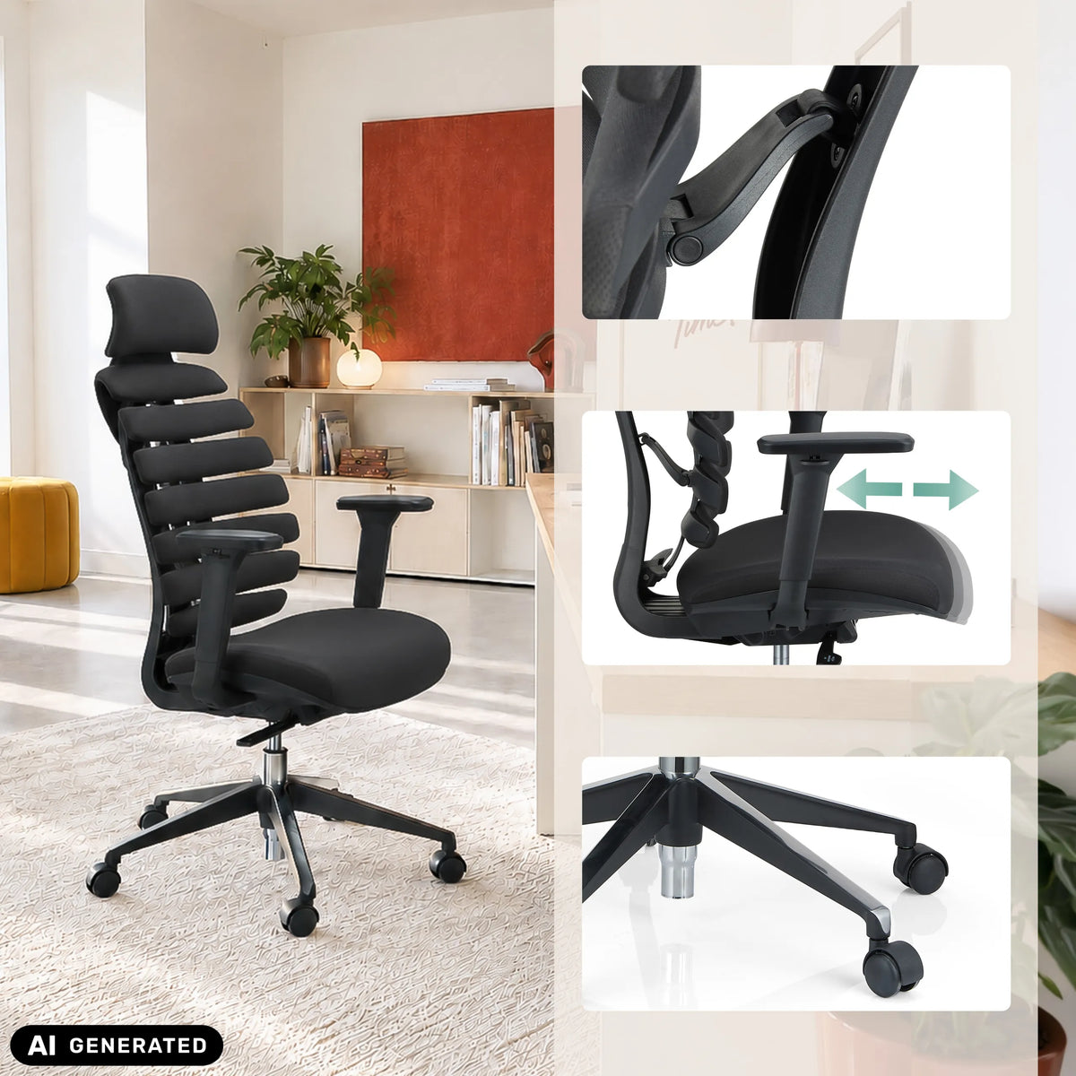 Sedia da ufficio professionale ERGO LINE II PRO in nero con braccioli regolabili e base con ruote di hjh OFFICE